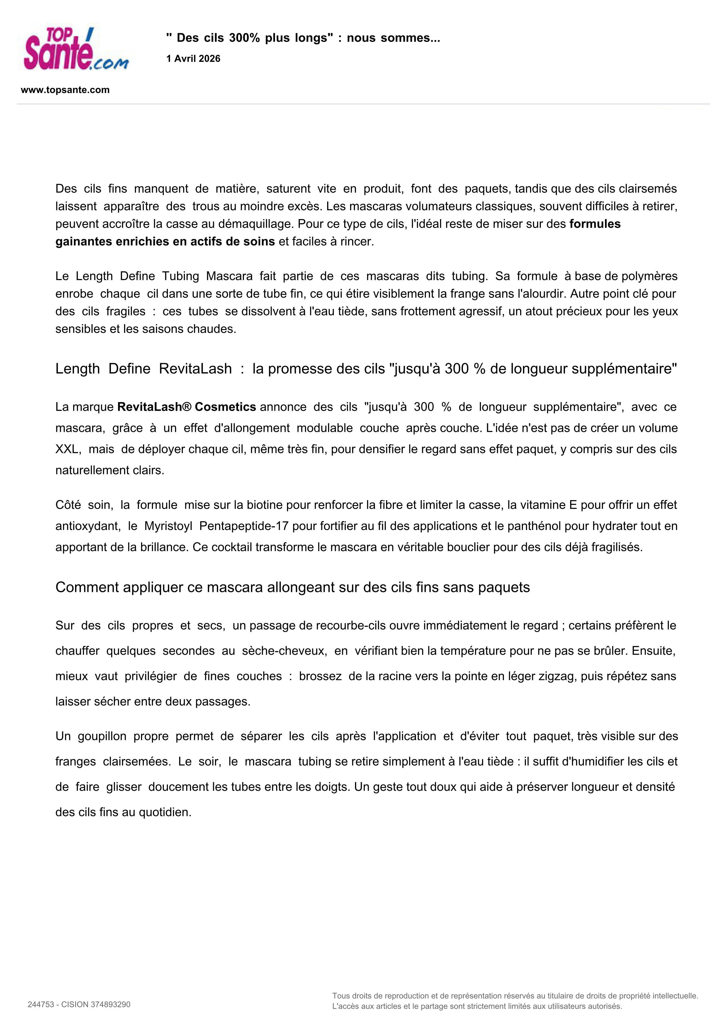 Length Define Tubing Mascara RevitaLash® Cosmetics paru dans Top Santé - Avril 2026 